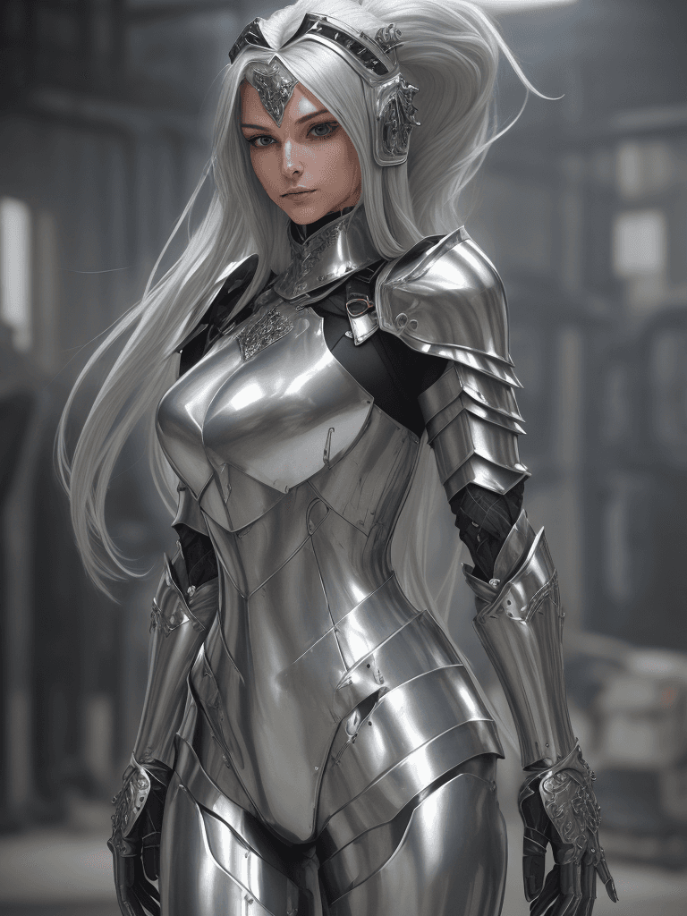 AI generated: a beautiful stunning woman clad in a silver suit of armor, posing confidently in a dark, industrial ...
