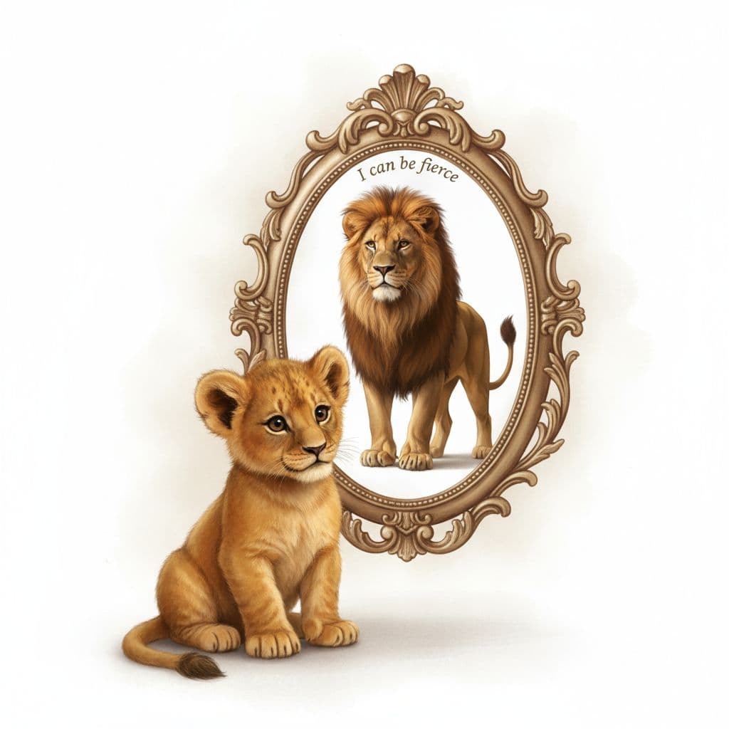 AI generated: A small, adorable lion cub with soft golden fur sits in front of an elegant oval mirror. The cub gaz...