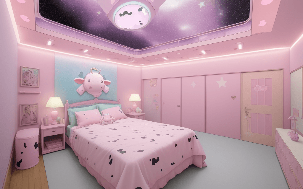 AI generated: cows, kawaii, ambient spaceship room, plush animals, pastel pink, pastel purple, pastel star lights,...