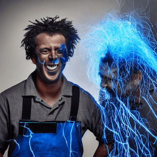 AI generated: a humorous photograph capturing an apprentice electrician's hair standing, face blackened like charc...