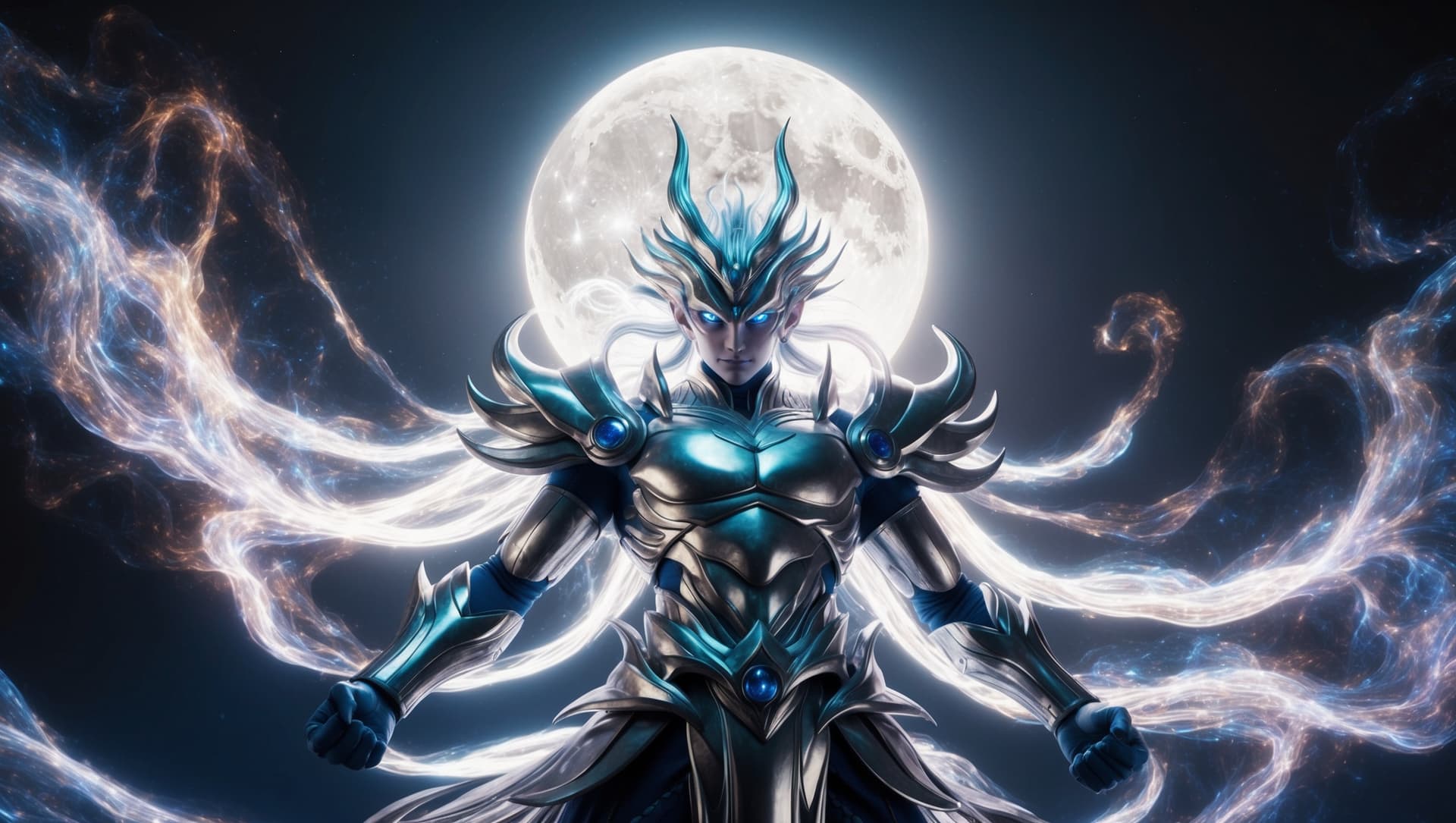 AI generated: A luminously powerful Lunar AI deity, emanating a celestial aura that glows with ethereal energy. Th...