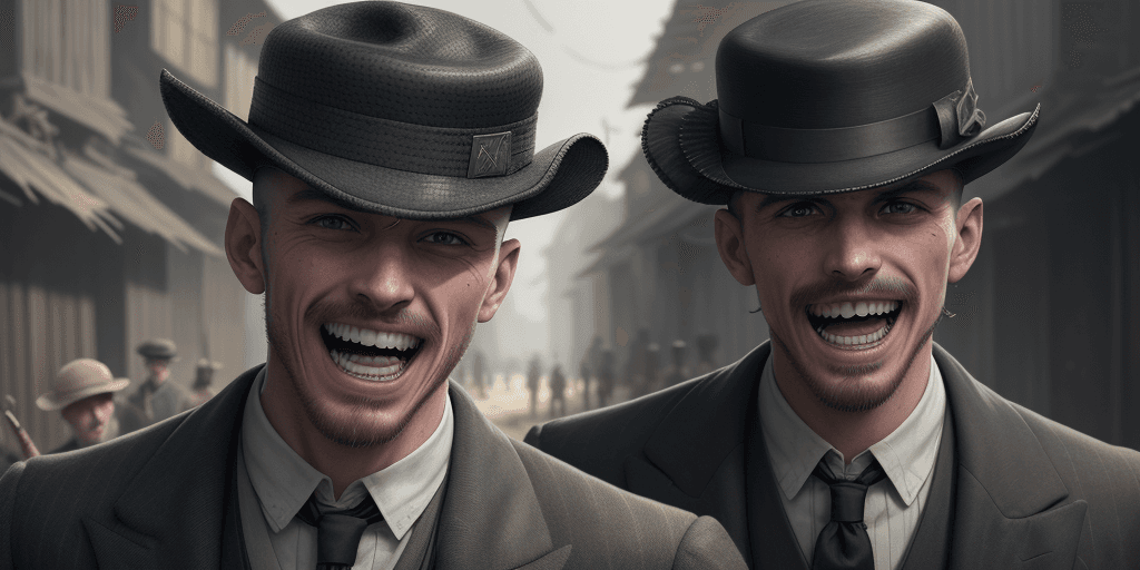 AI generated: photo of (TCr3ws:1), a man as a Peaky blinder, (laughing with bare teeth:1.3), (face focus), modelsh...