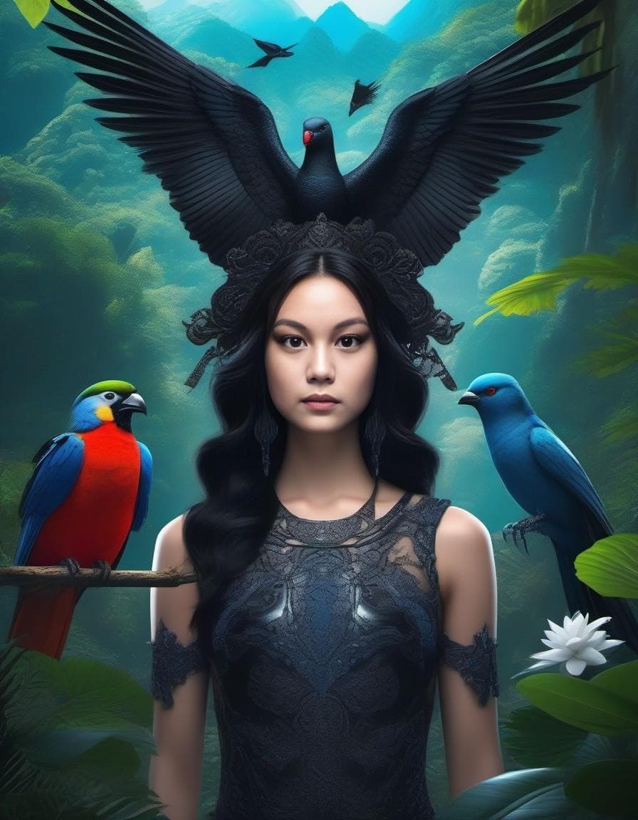 AI generated: fashion photography portrait of a blue human avatar, in a blue lush jungle with flowers and birds, 3...