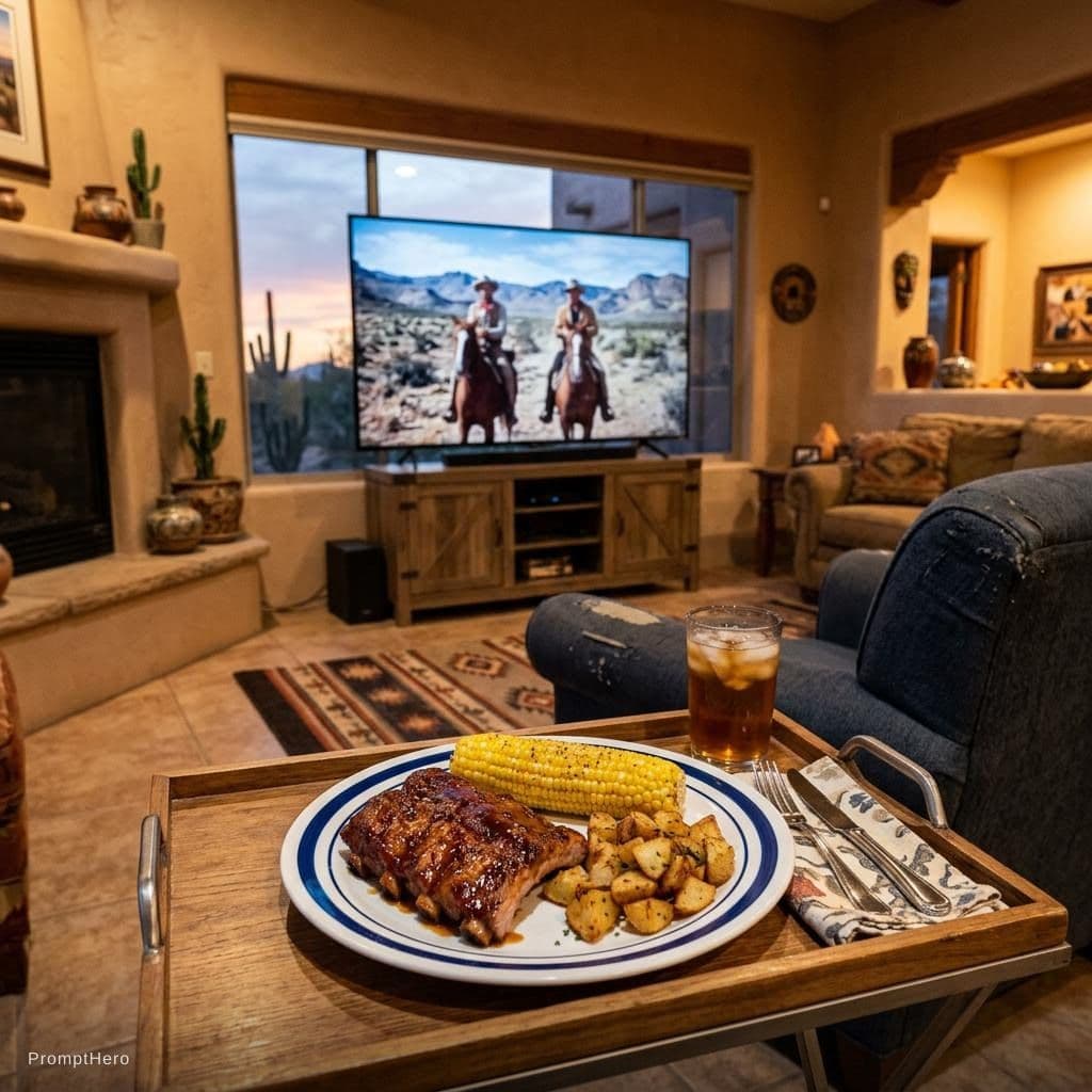 AI generated: Create a white dinner plate outlined with a blue stripe. On the plate is bbq ribs, corn on the cop a...