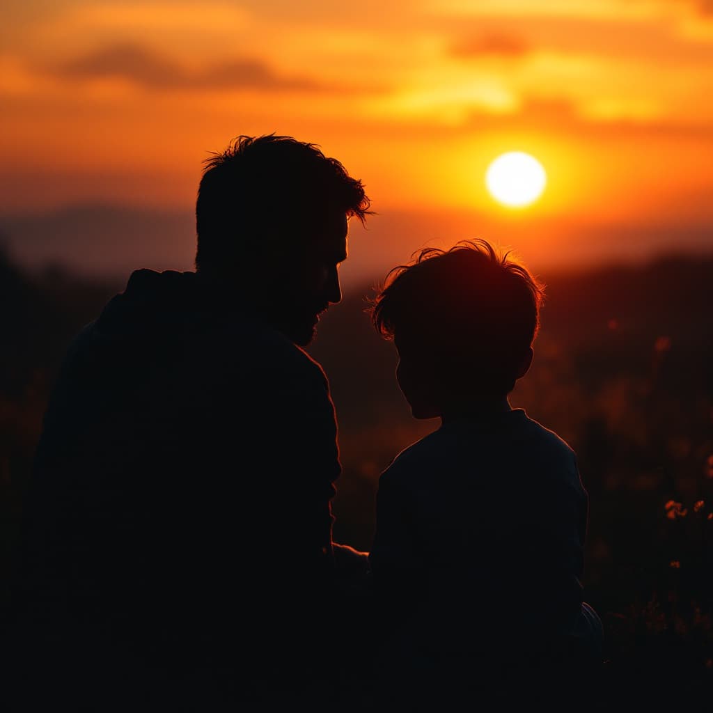 AI generated: Ein fotorealistisches Bild eines Vaters und seines Sohnes, die zusammen bei Sonnenuntergang sitzen. ...