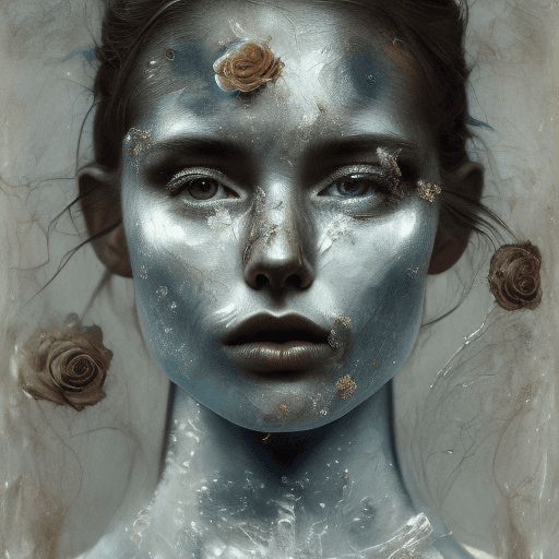 AI generated: a woman with roses on her nose, in the style of made of liquid metal, layered fabrications, nicola s...