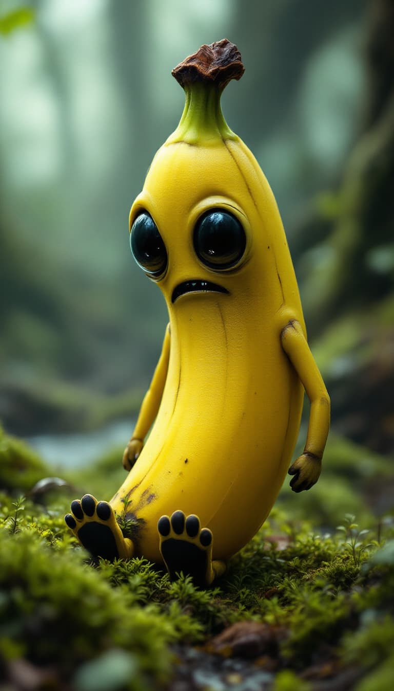 AI generated: A whimsical, highly detailed fantasy banana character standing on a bed of lush, wet moss in a misty...