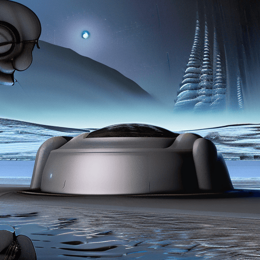 AI generated: manned vehicle with cabin, shaped like a tank, dark alien planet, frozen lake, mountains in the back...
