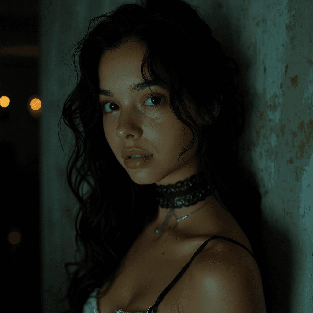 AI generated: 18year old (woman:1.1) with (dark:1.2) wavy hair is totally in a completely (dark:1.1) open room wit...