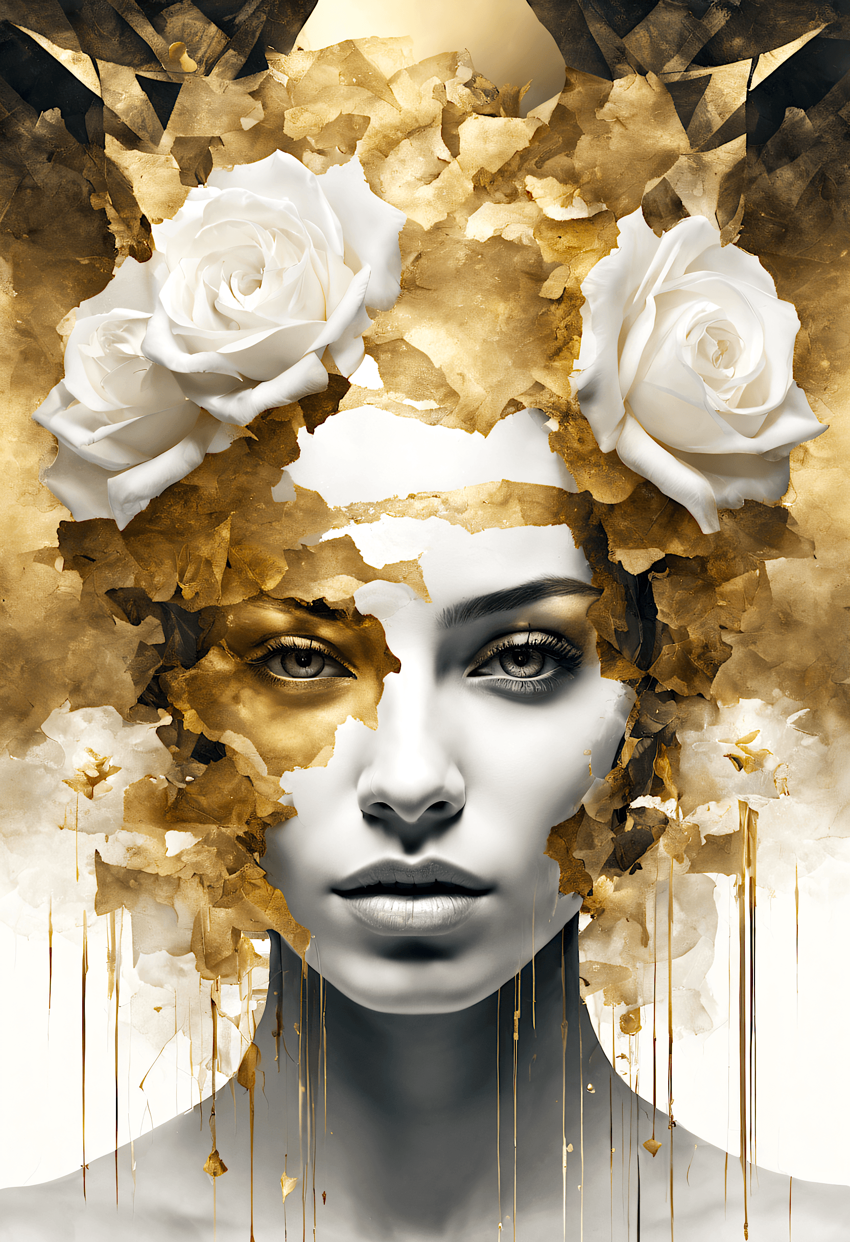 AI generated: Ultra detailed artistic abstract photography of woman's face (geometrical), golden, white roses, det...