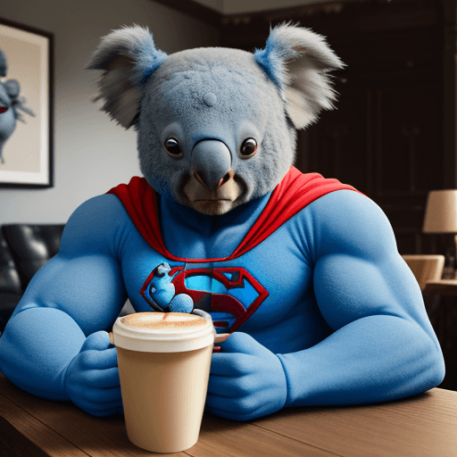 AI generated: blue koala as a muppet with superman costume, spongy texture, having a coffee on a wooden table, cla...
