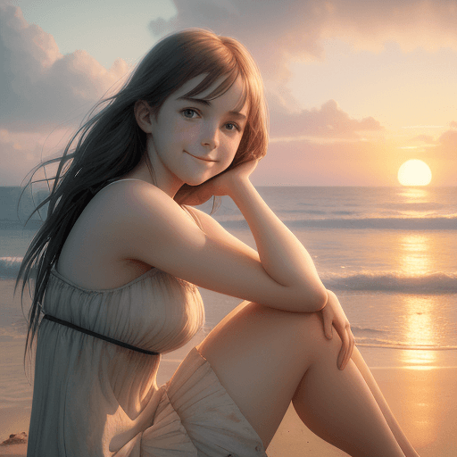 AI generated: Photo of girl sitting sweetly smiling by the beach ultra realistic screen, dramatic light, pale sunr...