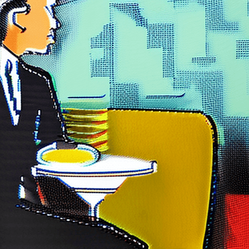 AI generated: White male, dressed in black suit jacket and tie eating soup sitting on a yellow Sofa. Hiperrealisti...