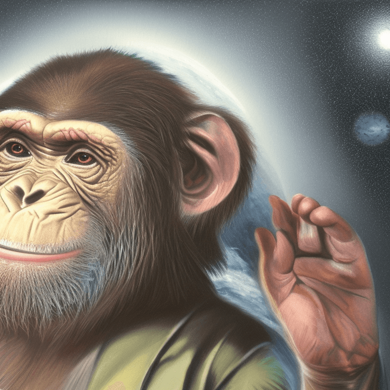 AI generated: a chimpanzee wearing a lost in space outfit as seen in planet of the apes movies, hyperrealistic, hi...