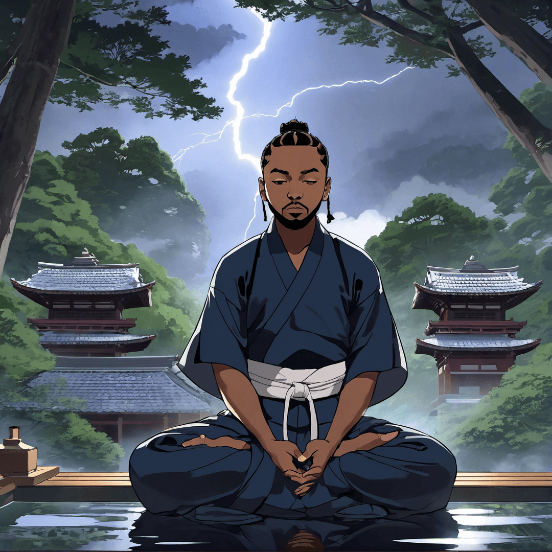 AI generated: Kendrick Lamar as a ninja, ninja outfit, meditating in a forest, close-up shot, anime, Muroji Temple...