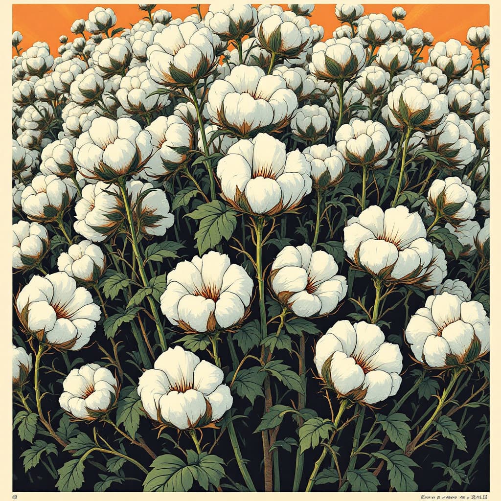 AI generated: Retro poster, vibrant, stylized pop art illustration featuring a thick and crowded bouquet of cotton...