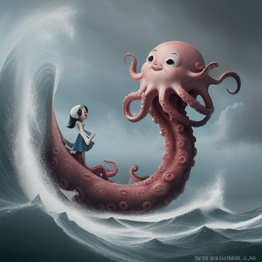 AI generated:  cute octopus, floating on sea stormy waves, detailed, character design by mark ryden and pixar and ...