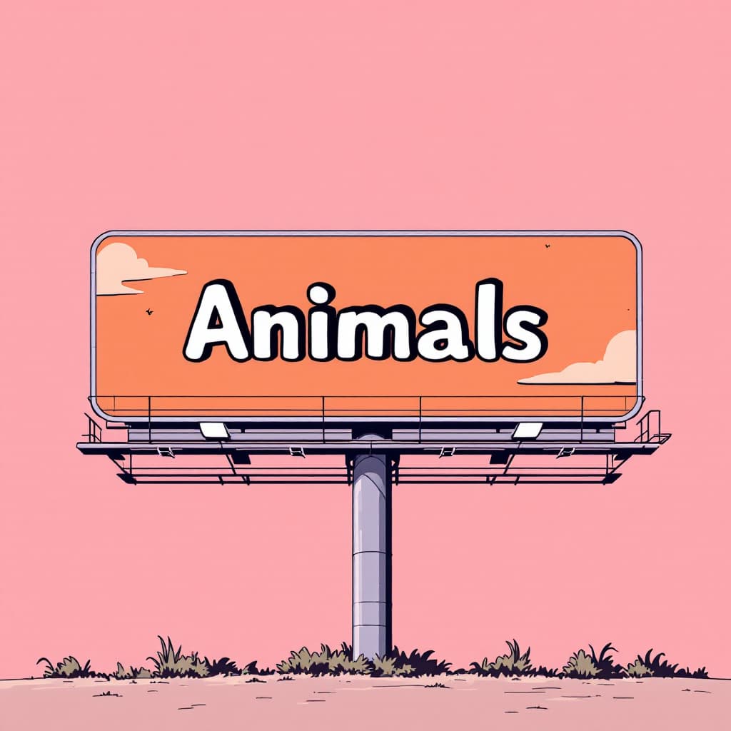 AI generated: fast food ad, billboard sign, 90s, anime, japanese pop, words saying "Animals", in the style of Jami...