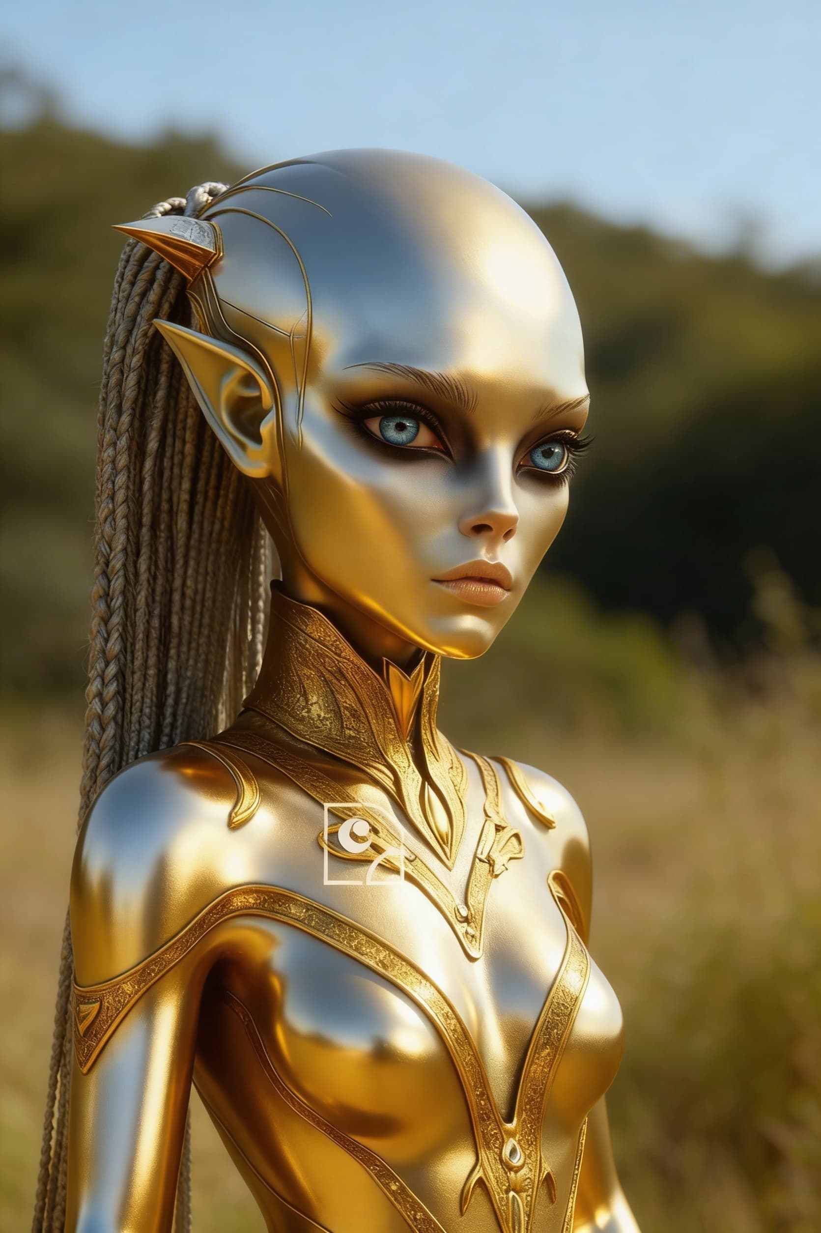 AI generated: Be inspired and create from reference, a golden-silver, solid being, powerful, loving. From flesh to...