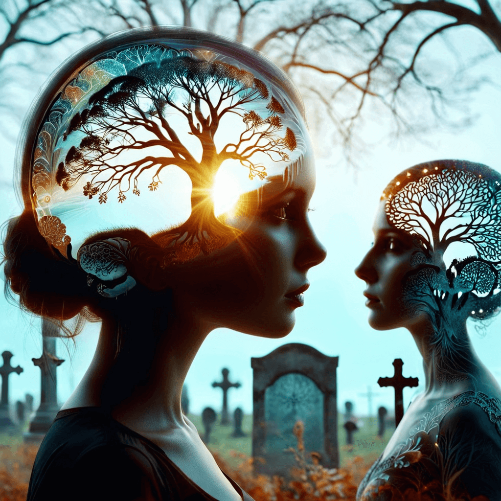 AI generated: dvr-wwyt, a woman in a graveyard, the tree of life, glitched silhouette outline of the brain, double...