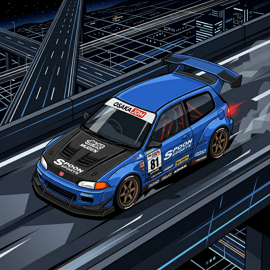 AI generated: A clean, high-angle vector illustration of a 1994 Honda Civic EG Hatchback in a "Time Attack" style....