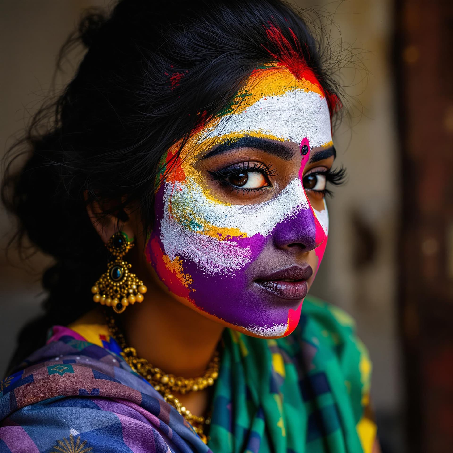 AI generated: Modern Indian Kerala girl with paint on her face, in the style of different colors, master of ink, a...