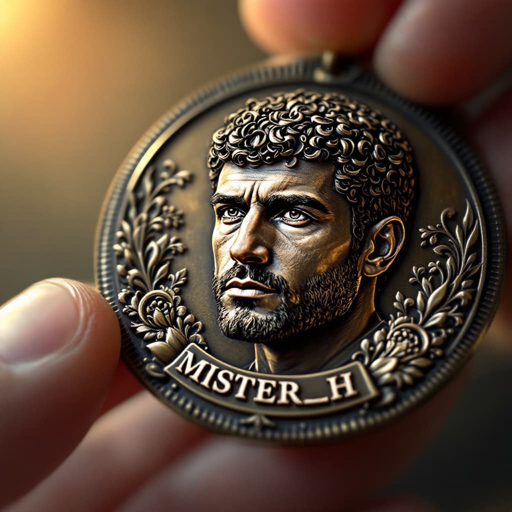 AI generated: Create this photo to a  hyper-realistic 3D engraved bronze medal held between fingers, featuring a f...