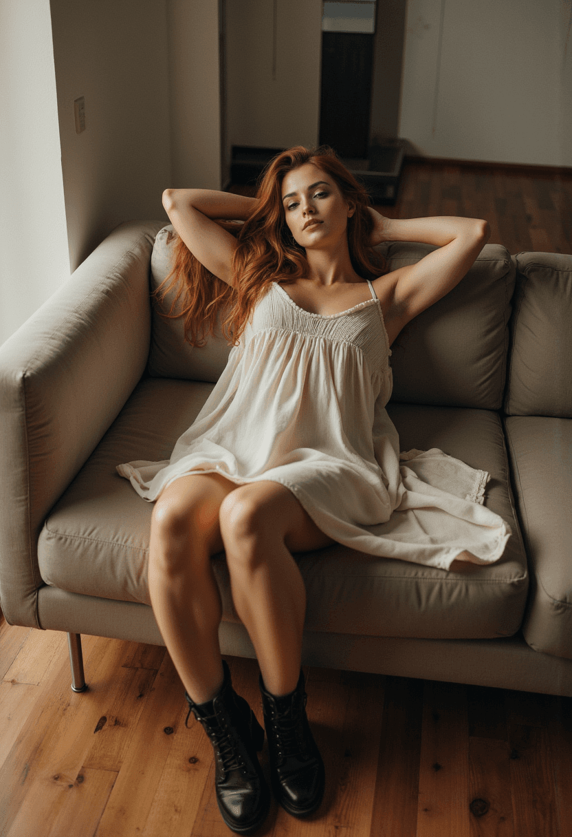 AI generated: A woman lies back on the plush cushion of her modern apartment's couch, exuding an air of relaxed co...
