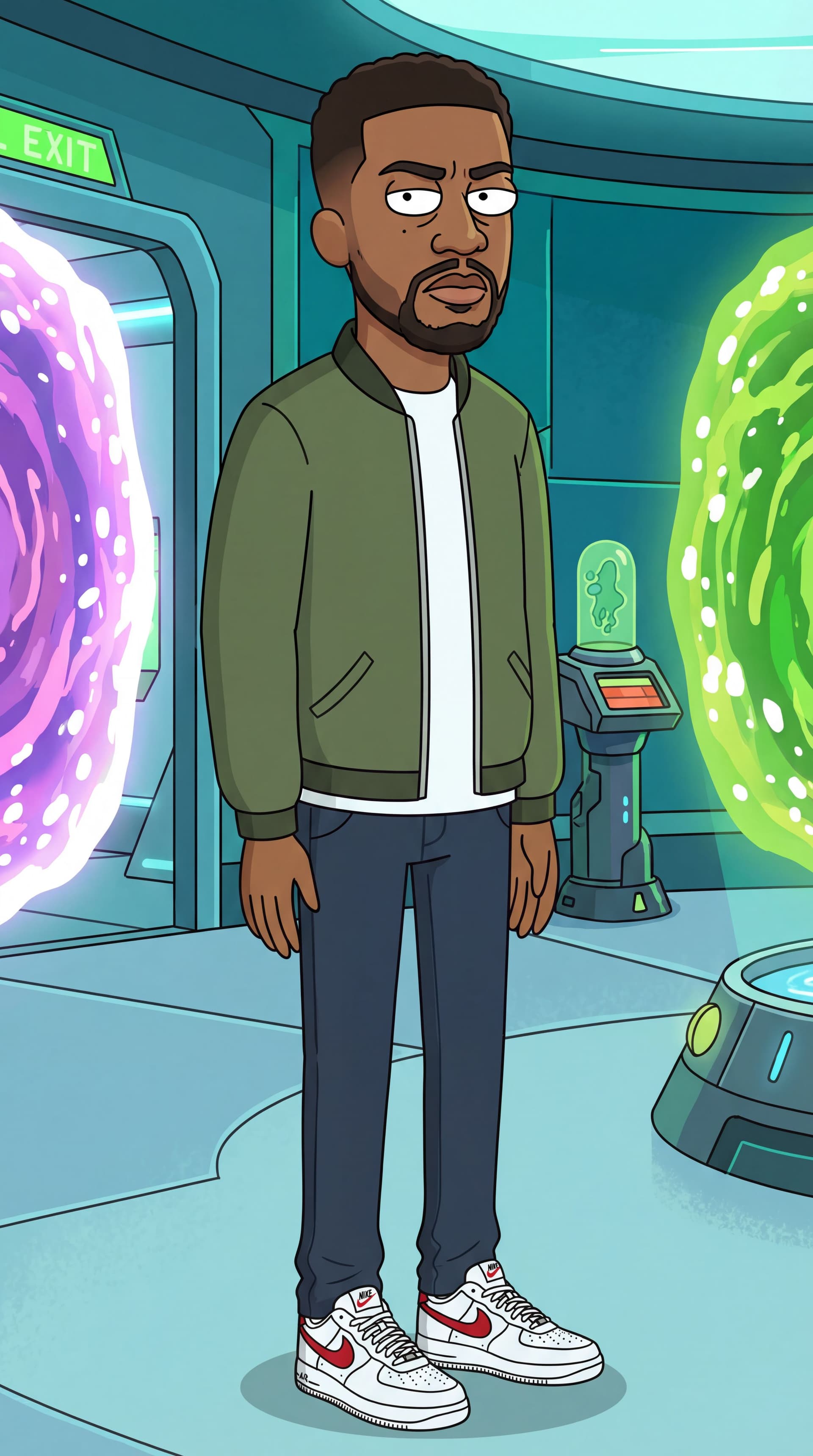 AI generated: turn me into a rick and morty character quarter view. Generate full-body cartoon characters make him...