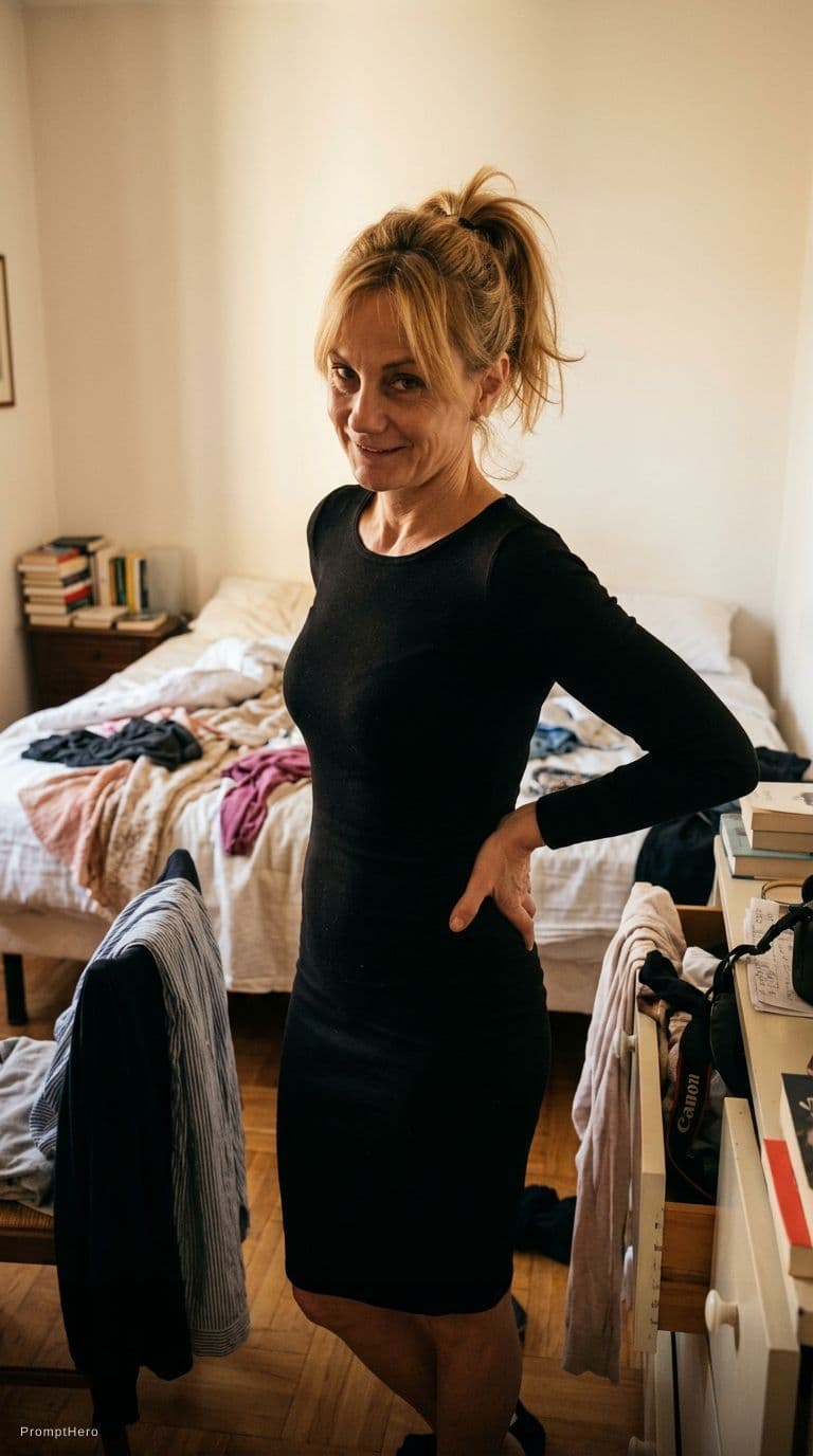 AI generated: teasing, wearing the same bodycon dress, standing seductive pose in a messy bedroom, ponytail hairst...