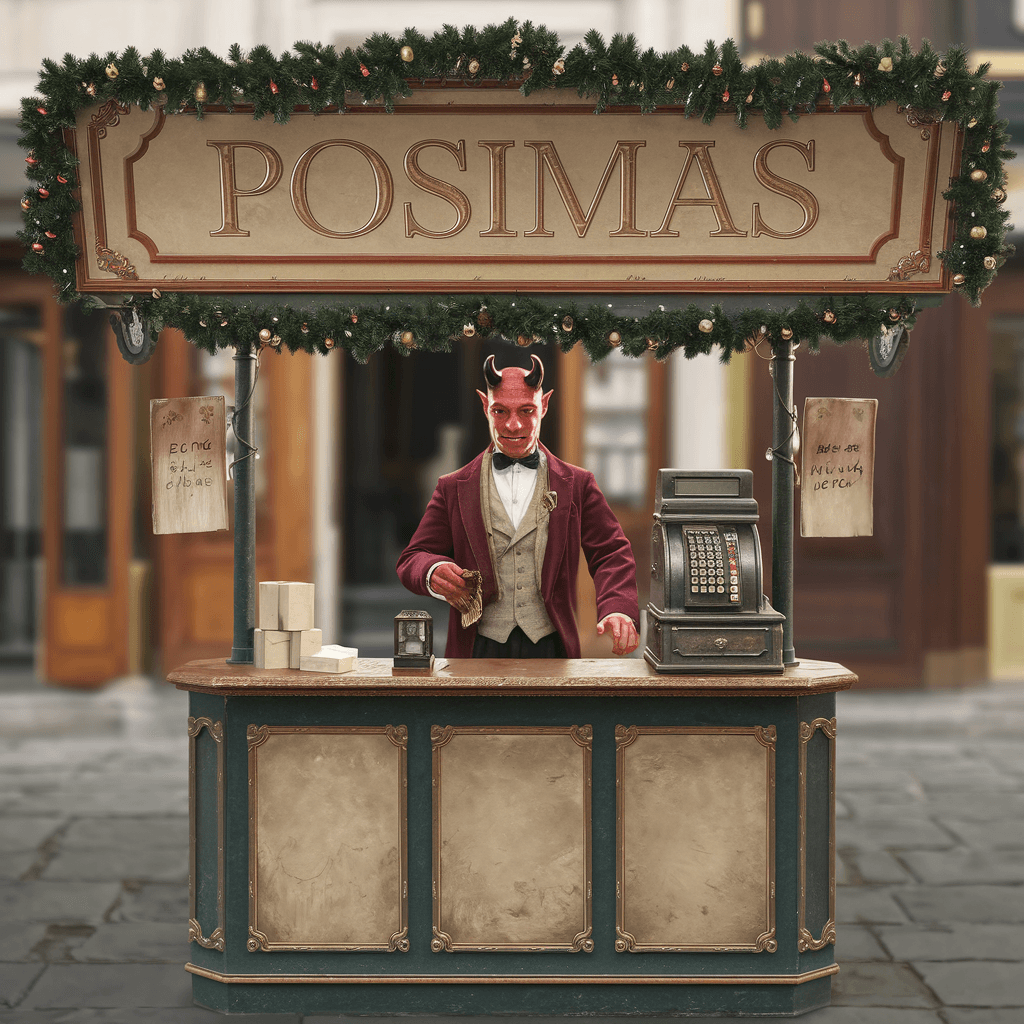 AI generated: posimas sales stand,attended by the devil,small horns,elegant european clothing,antique cash registe...