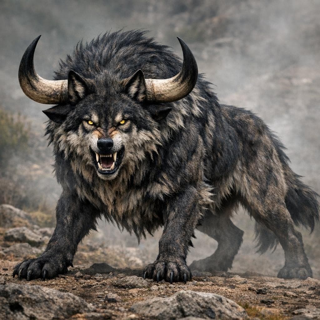 AI generated: create a new creature that is a mix of a bull and Wolf
