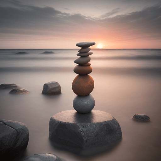 AI generated: award winning photography of balanced stones in water, minimalism, long time exposure, desaturated, ...