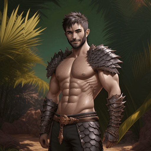AI generated: A dark short hair man, draconic armour, scruffy, scales, shirtless, brown normal eyes, bright oasis ...
