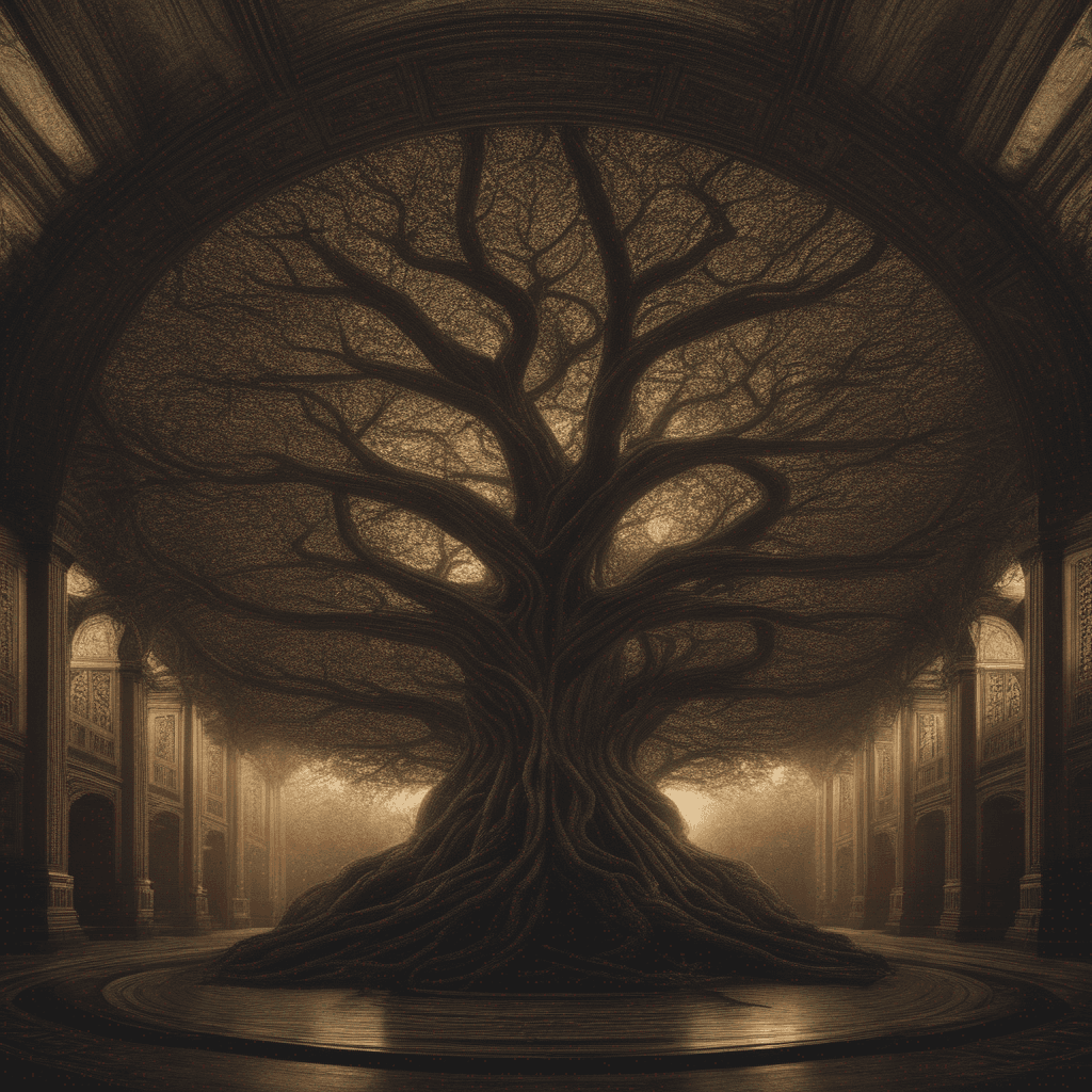 AI generated: an image of an ancient tree, its gnarled branches reaching out to embrace the sky, while beneath it ...