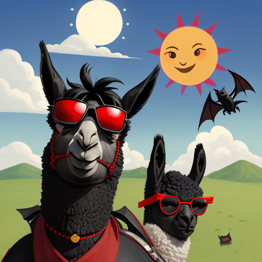 AI generated: a wise male black and red llama with cool sun sunglasses and a small bat that has a small red ribon ...