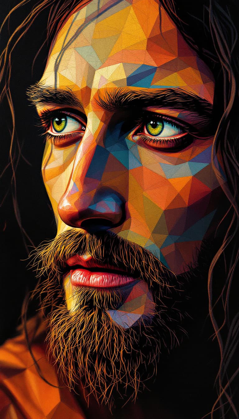 AI generated: color drawing of Jesus face, daz3d, blink-and-you-miss-it detail, emotional landscapes, realistic an...