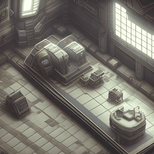 AI generated: top down isometric game asset of a gloomy corridor in a spaceship, flat shading art style, abandoned...
