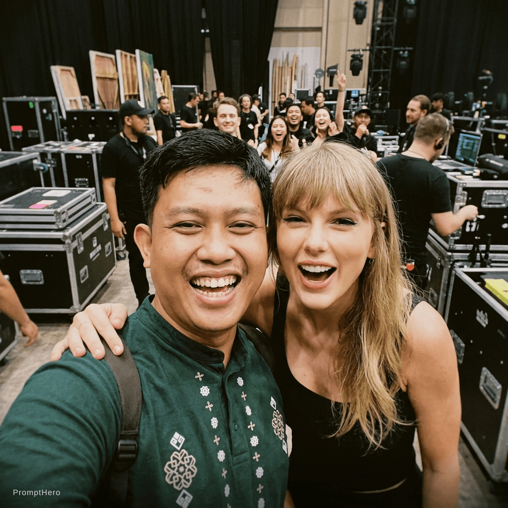 AI generated: with Taylor Swift backstage at a concert, excited fans vibe