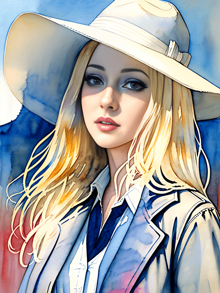 AI generated: detailed pencil drawing of a beautiful willowy blond young woman, busty, woman's trench coat, fedora...