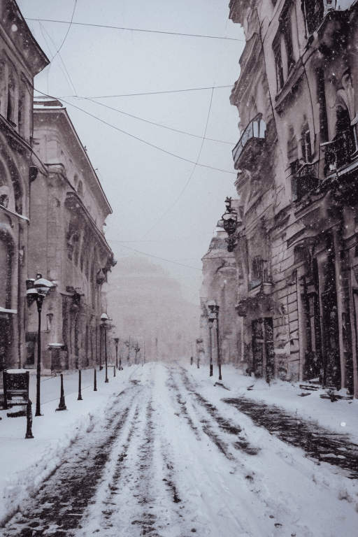 AI generated: Bucharest| street| old town| old city| winter| heavy snow| comprehensive cinematic| Atmosphere| Mast...