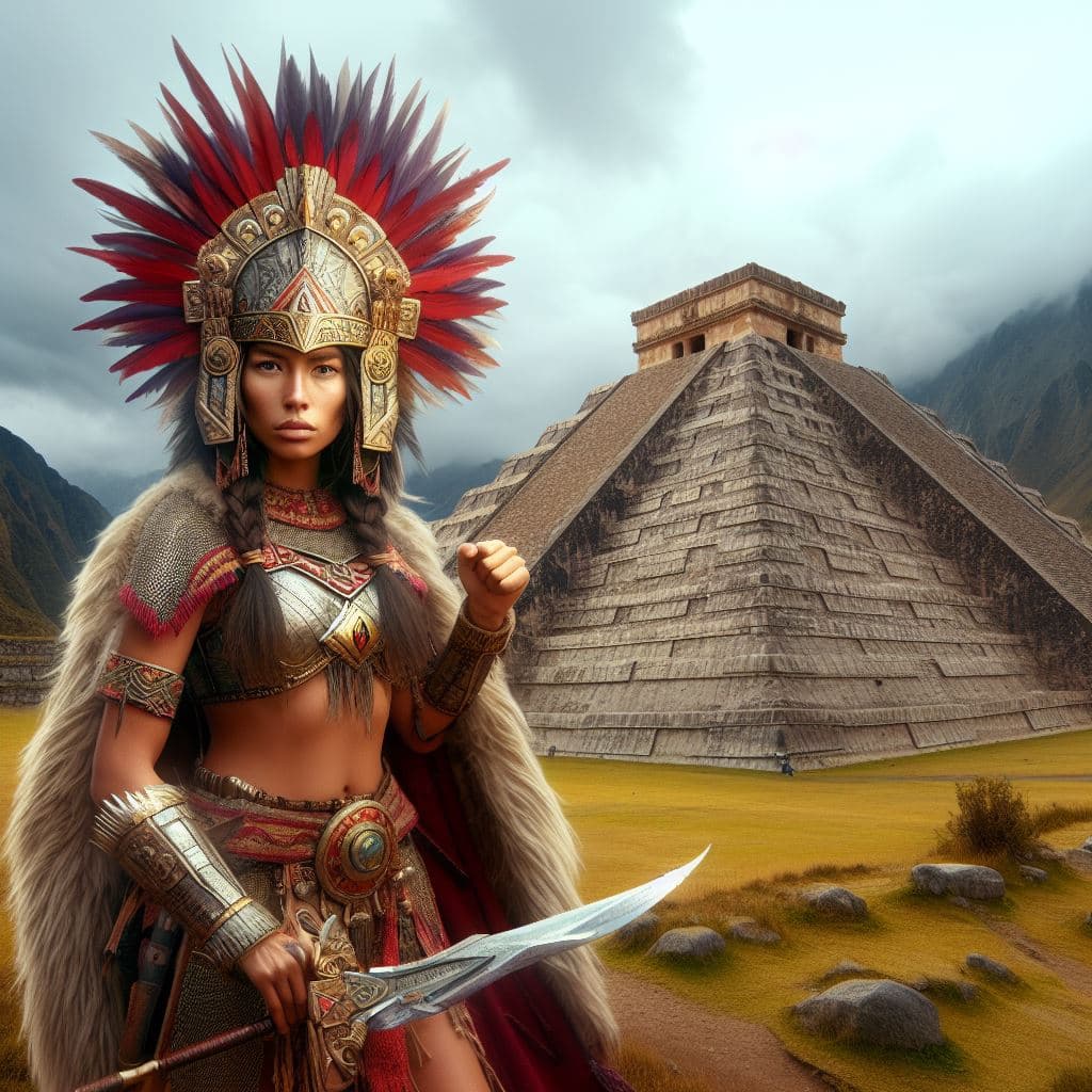 AI generated: a Inca warrior standing in front of a pyramid with a sword in her hand and a headdress on her head,...