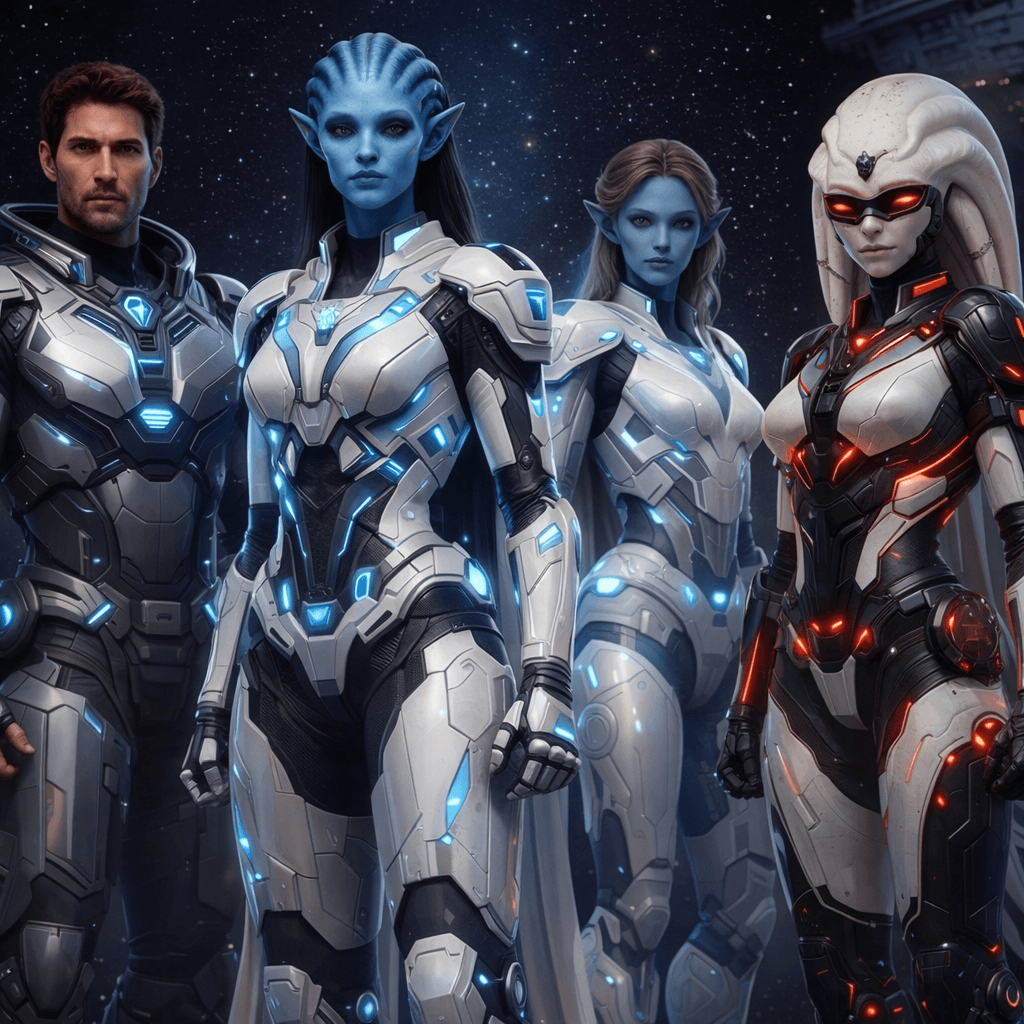 AI generated: Using the reference images one and two. Create Space Combat suits for the characters in images three...