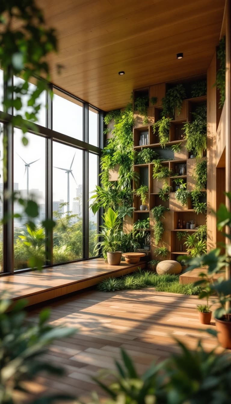 AI generated: Eco-friendly building, reclaimed wood accents, living green walls, bamboo flooring, low-carbon concr...