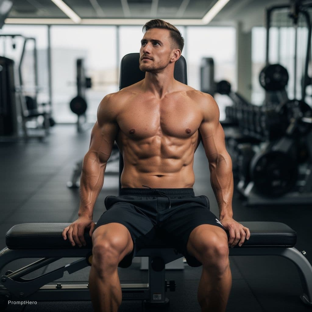 AI generated: erotic shirtless sportsman
sitting on a bench press leaning slightly backwards short tight boxers qu...