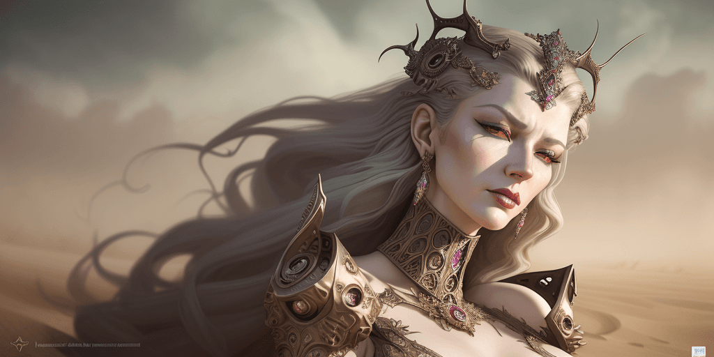 AI generated: Empress in sandstorm wind, mad sky hallucination by Mundford, luxury maximalist, photoshoot by Artif...