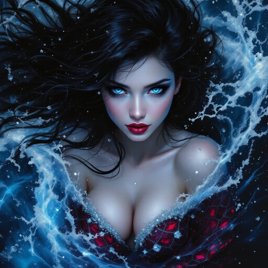 AI generated: create From the stormy twilight sea, a mesmerizing black-haired mermaid rises. Her endless waves of ...