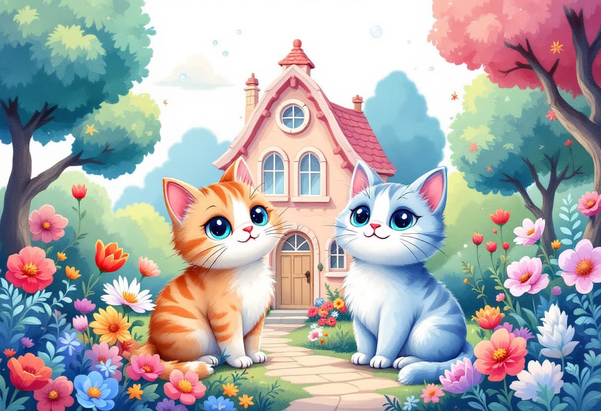AI generated: Create A whimsical scene featuring two cats next to a charming country house. Surrounded by lush tre...