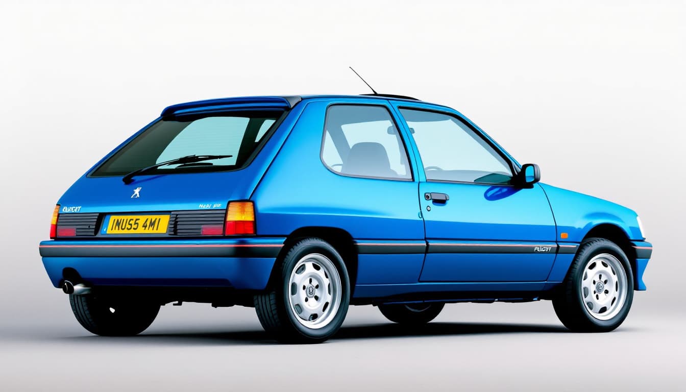 AI generated: Make me an image of a blue 4-door Peugeot 205 seen from the side