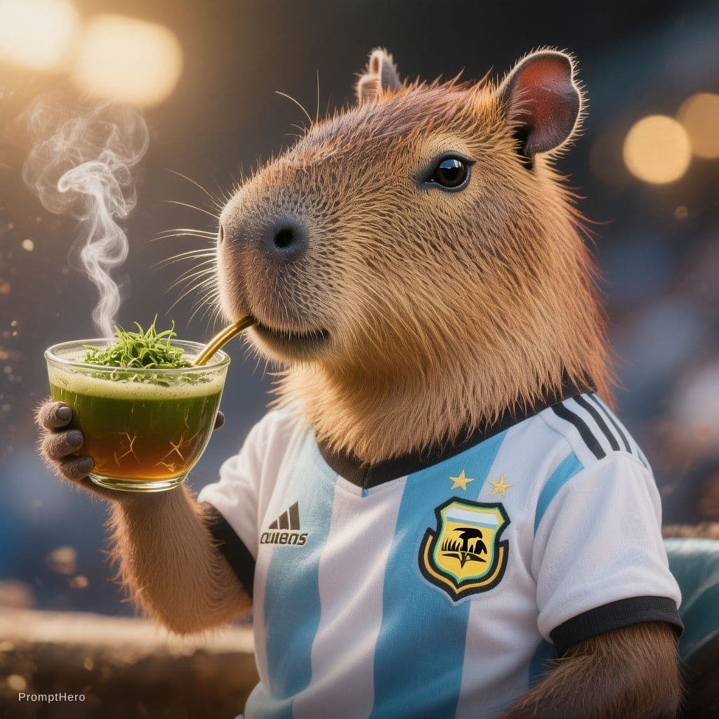 AI generated: Cartoon type capibara drinking Argentine mate, wearing an Argentine futbol jersey